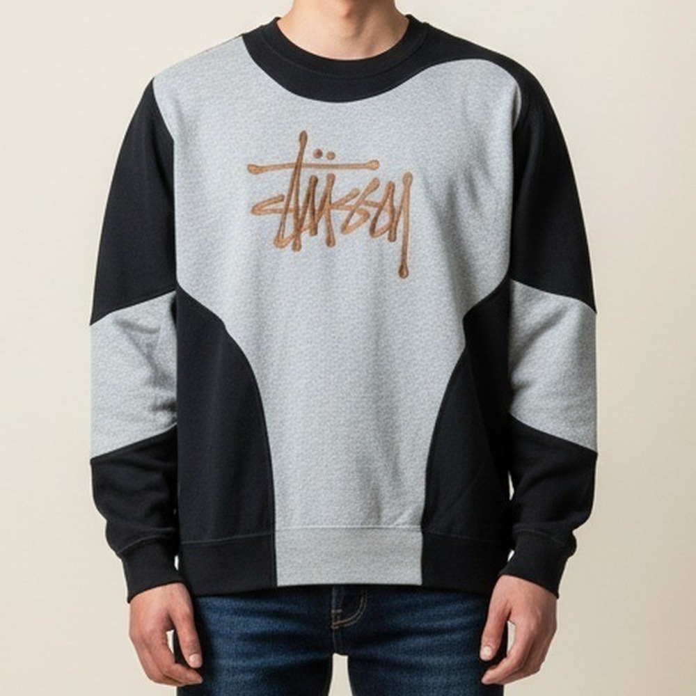 Stussy Mens Reworked Crewneck Sweatshirt Black Gray Colorblock Embroidered Logo
